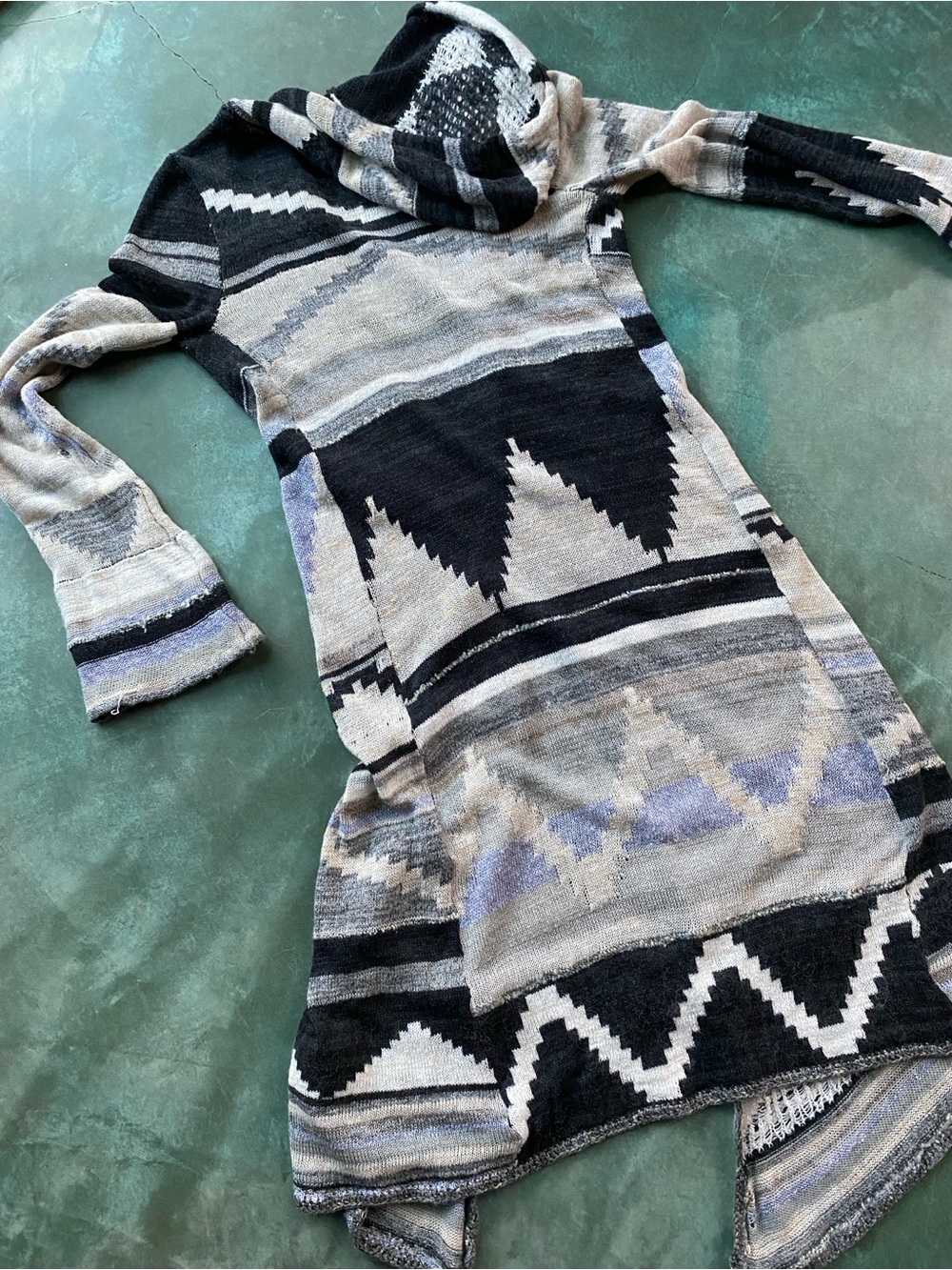 Free People Long Black and Cream Knit Cardigan with Hoodie - Picture 6 of 12